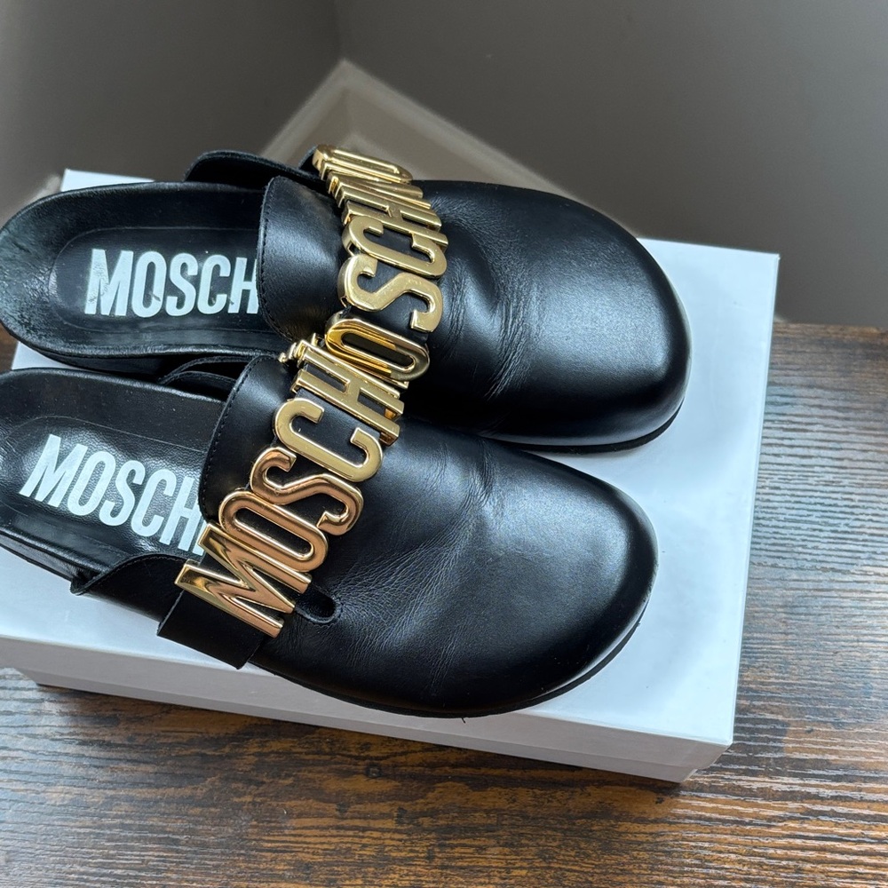 Moschino Black Leather Logo Slide Mules with Gold Lettering - Picture 5 of 7